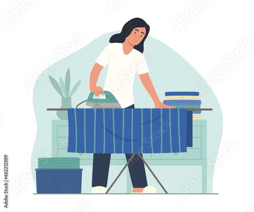 Woman Ironing Clothes with Electric Iron at Home for Housework Concept Illustration