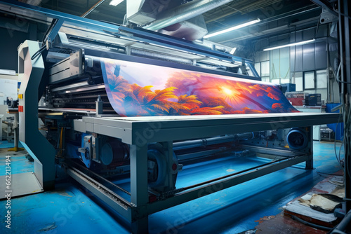 Large wide digital printer machine during production in background of modern print shop. Printing concept of photos and advertisements. photo