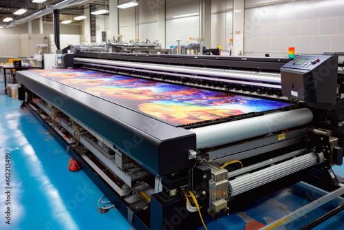 Large wide digital printer machine during production in background of modern print shop. Printing concept of photos and advertisements. photo