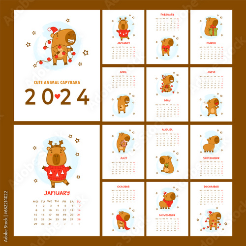 Cute capybara printable calendar 2024. Vector illustration. Vertical planner organizer. Cover and 12 month pages English. Week from Monday. Cartoon capibara character mascot.