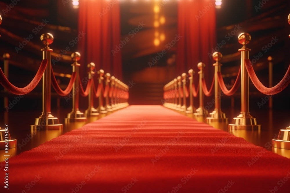 Red Carpet hallway with barriers and red ropes for Cinema and Fashion awards, a ceremony for celebrities persons. Generative AI Red Carpet hallway with barriers and red ropes for Cinema and Fashion awards, a ceremony for celebrities persons. Generative AI