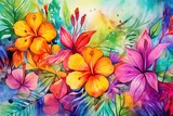 Vibrant floral scene with abstract flowers, tropical leaves, and watercolor painting. Colorful and artistic backdrop. Generative AI