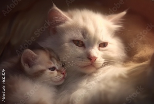 closeup of kitten with cute mother cat. generative ai