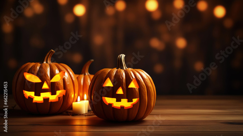Group of jack-o-lantern pumpkins, candles on wooden with a place for text. Halloween background. Generative AI © AngrySun