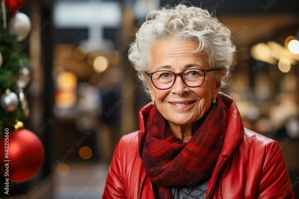 Older woman happy and smiling with a gift at Christmas time