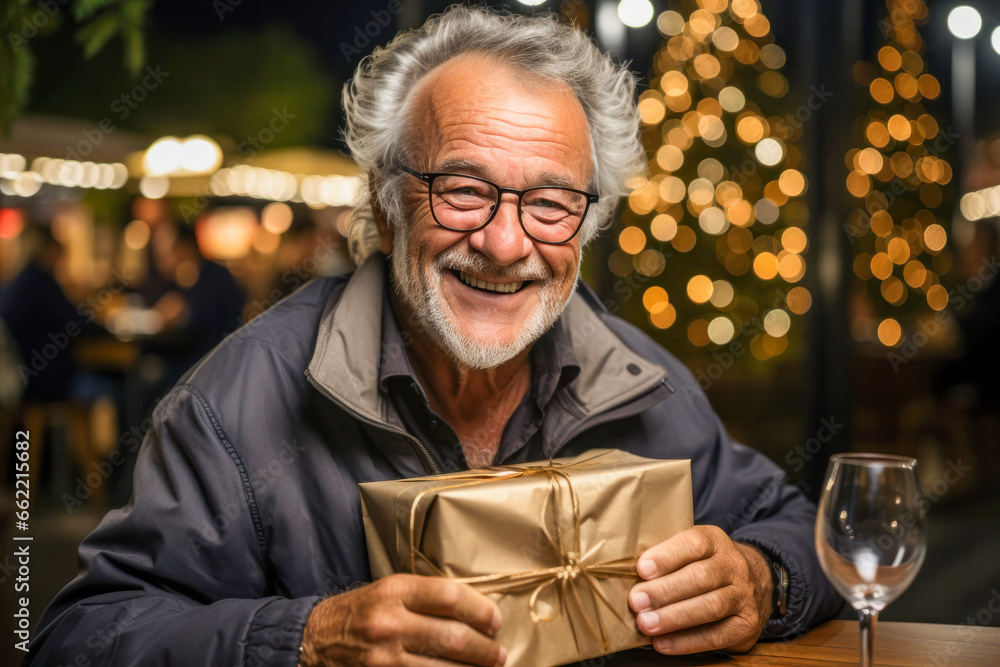 Older man happy and smiling with a gift at Christmas time Older man happy and smiling with a gift at Christmas time