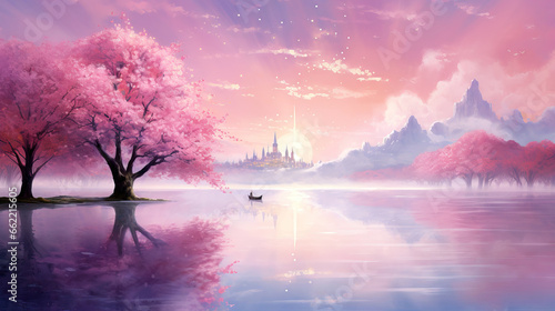 Magic landscape with castle, lake and cherry blossom tree © Lohan