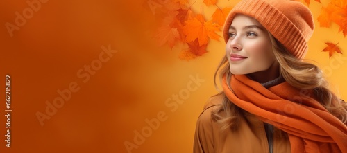 Generative AI banner of a Young Woman in Fall/Autumn Clothes on an Orange