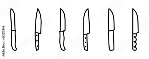 Set of line kitchen knife vector icons. Black silhouette with sharp knife. Metallic cutlery. Vector 10 EPS.