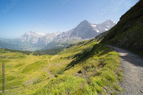 The Bernese Oberland in Switzerland  landscape from the hiking trail  M  nnlichen to Kleine Scheidegg . 