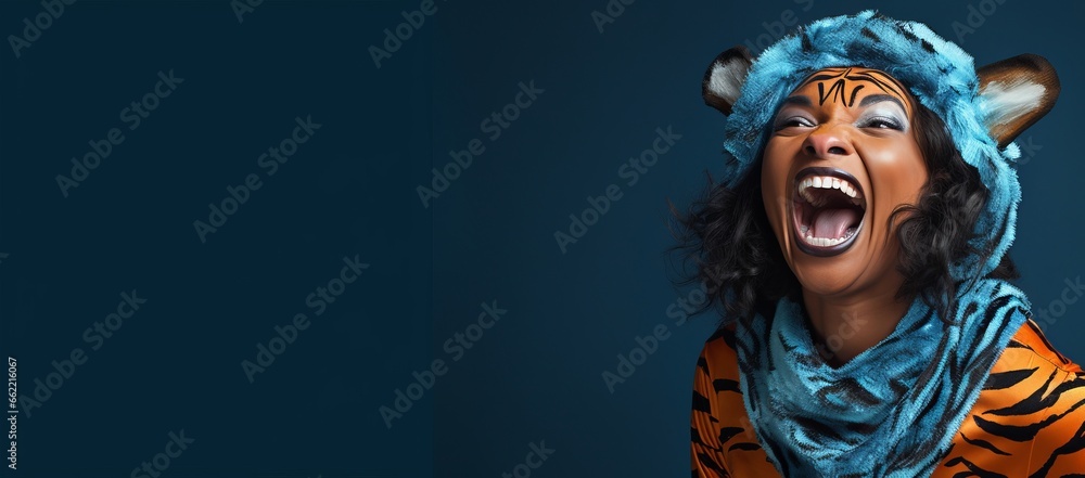 Generative AI banner of a a copy space banner of a smiling Happy Adult Black Woman Wearing a Tiger Costume for Halloween on a Blue Banner with Space for Copy