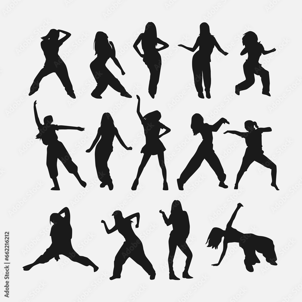 set of female dancer silhouettes. street dancers with various different styles, poses, movements. vector illustration. - obrazy, fototapety, plakaty 