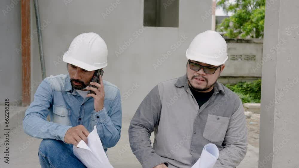 Asian man, construction engineer, holds house plan in hand, was about discuss construction work on house with another engineer, but there was call fromboss calling check on order, had man come floor. Asian man, construction engineer, holds house plan in hand, was about discuss construction work on house with another engineer, but there was call fromboss calling check on order, had man come floor.