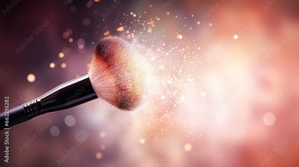 Soft makeup brush explodes into a cloud of light pink powder on a light background. Generative AI - obrazy, fototapety, plakaty 