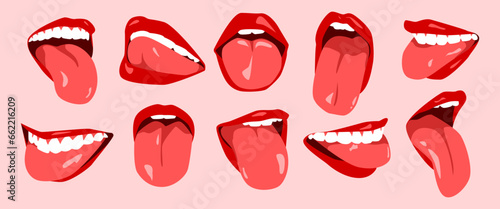 set of sexy woman's lips with red lipstick, white teeth, and tongue out. mouth icon. flat vector illustration. photo