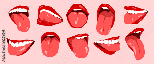 set of sexy woman's lips with red lipstick, white teeth, and tongue out. mouth icon. flat vector illustration.