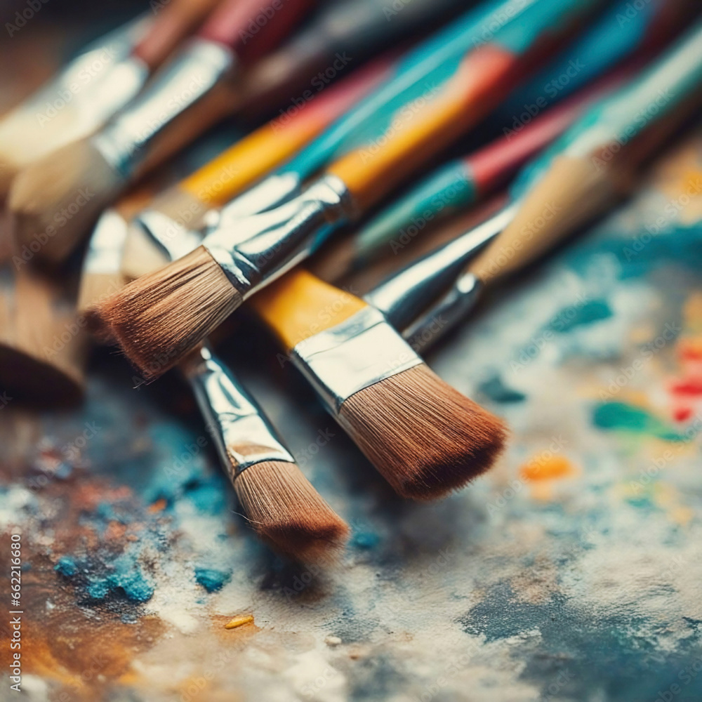 Fototapeta premium Artist's brushes in the bank. Creator's workplace. Background