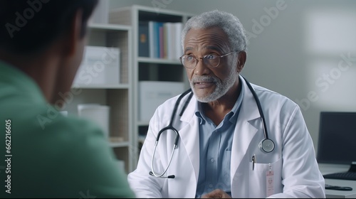 Generative AI banner of a Elderly patient black people attentively listening to mature doctor receiving valuable health advice and discussing comprehensive health results in caring medical environment