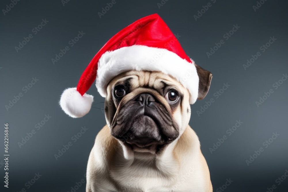 Studio portrait of a cute pug dog wearing a Christmas hat. AI generated Studio portrait of a cute pug dog wearing a Christmas hat. AI generated