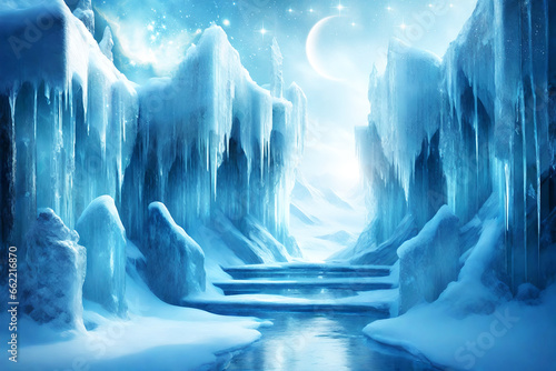 winter ice fantasy magic landscape with icy portal or gate and frozen stairs and icicles like fairy-tale, fantastic, artistic poetic and romantic winter background 