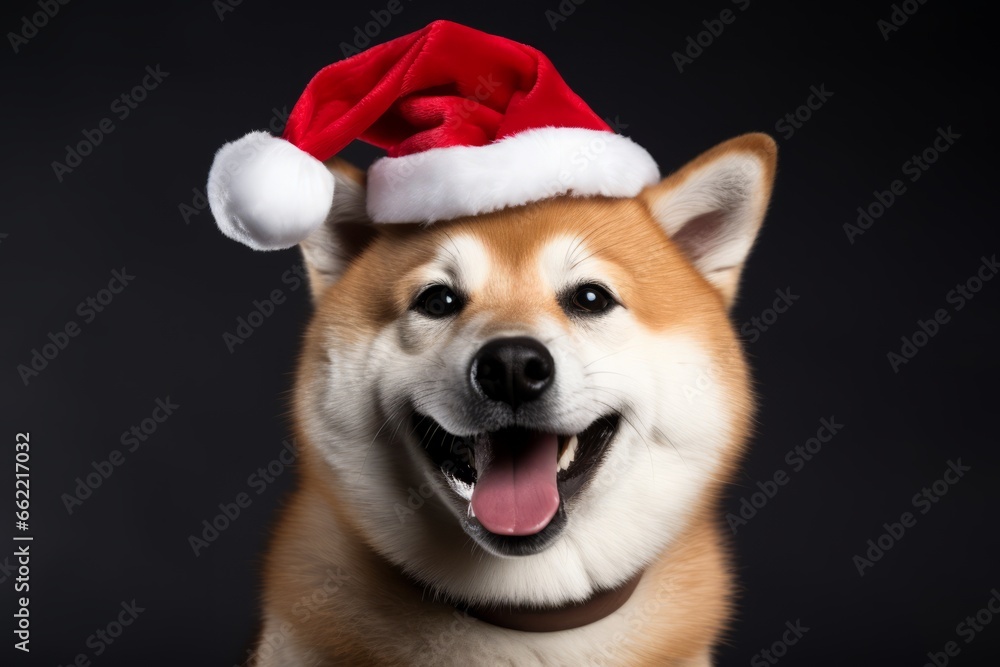 Studio portrait of a cute happy shiba inu dog wearing a Christmas hat. AI generated Studio portrait of a cute happy shiba inu dog wearing a Christmas hat. AI generated