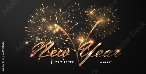 New Year Celebrate with Dazzling Display of Vibrant Fireworks, Illuminating the Sky with Golden Wishes for Happy New Year