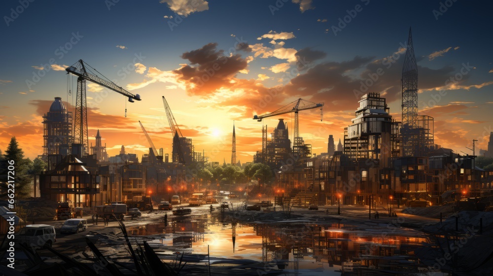 Captivating Evening Cityscape: Illuminated Skies, Reflections and Urban Charms, generative AI