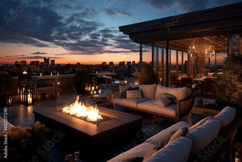 Create a lavish penthouse terrace with a bar, lounge area, and a hot tub