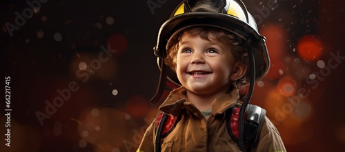Generative AI banner of a Happy Young Boy Dressed as a Fireman with Space for Copy