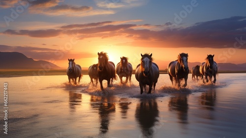 Serene Sunrise Stroll: Herd of Camels Walking Gracefully on the Beach © Muhammad