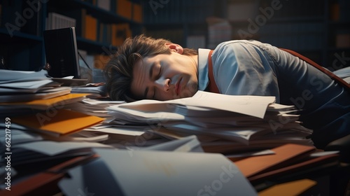 Generative AI banner of a Photo realistic shot of a Tired office worker sleeps at the workplace on a pile of documents. The concept of workaholism and overtime that leads to exhaustion