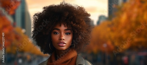Generative AI banner of a copy space banner, a shot of a Portrait of a Beautiful Black Woman in front of a Autumn City Background in the Fall