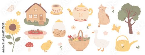 Cottagecore set of elements in pastel colors. Vector illustration of country house, mushroom, flowers, strawberries, watering can, tree, tea set and farm animals in hand drawn cartoon style