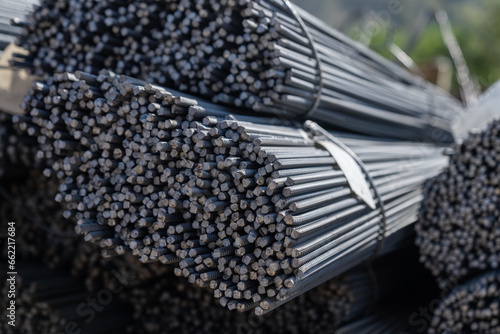 Bundle reinforcing bar. Steel reinforcement. Reinforcement steel rod and deformed bar with rebar at construction site. Tied iron rebar close up.