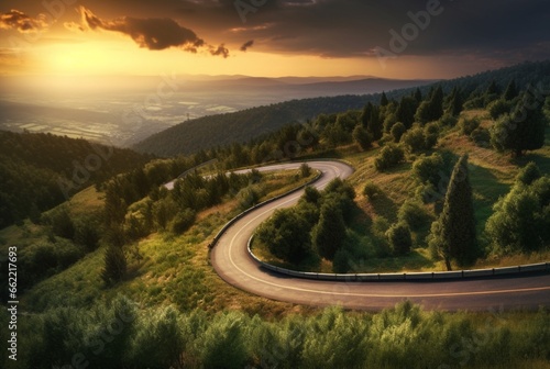 winding road in the hills with a beautiful view of the sun in the evening. generative ai