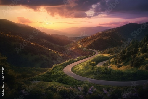 winding road in the hills with a beautiful view of the sun in the evening. generative ai © LivroomStudio