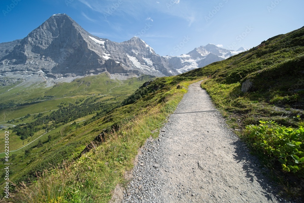 The Bernese Oberland in Switzerland, landscape from the hiking trail The Bernese Oberland in Switzerland, landscape from the hiking trail