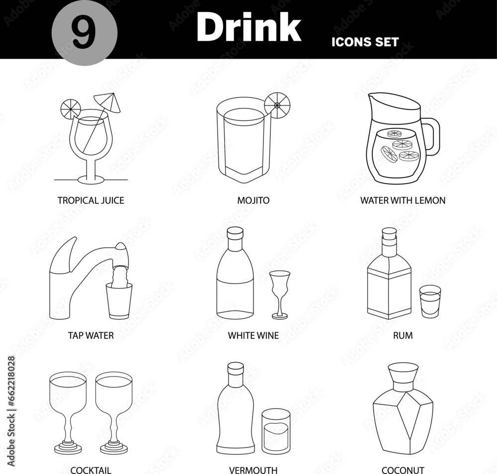 Drink icon line art set Vector, editable and resizable Drink icon line art set Vector, editable and resizable