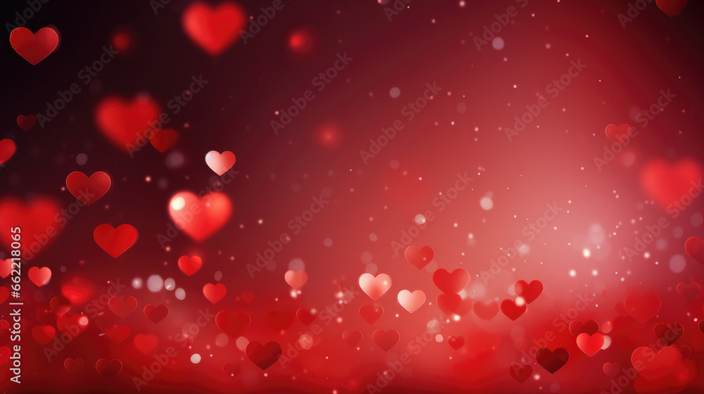 Flying red hearts shape over dark red background. Festive red heart shaped as a decoration for Valentine's day greeting cards or invitations. Festive love banner