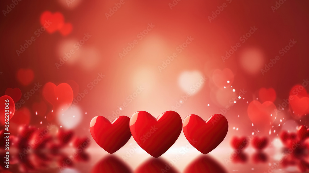 Saint Valentine day greeting card background with three red hearts against festive bokeh, neural network generated photorealistic image Saint Valentine day greeting card background with three red hearts against festive bokeh, neural network generated photorealistic image