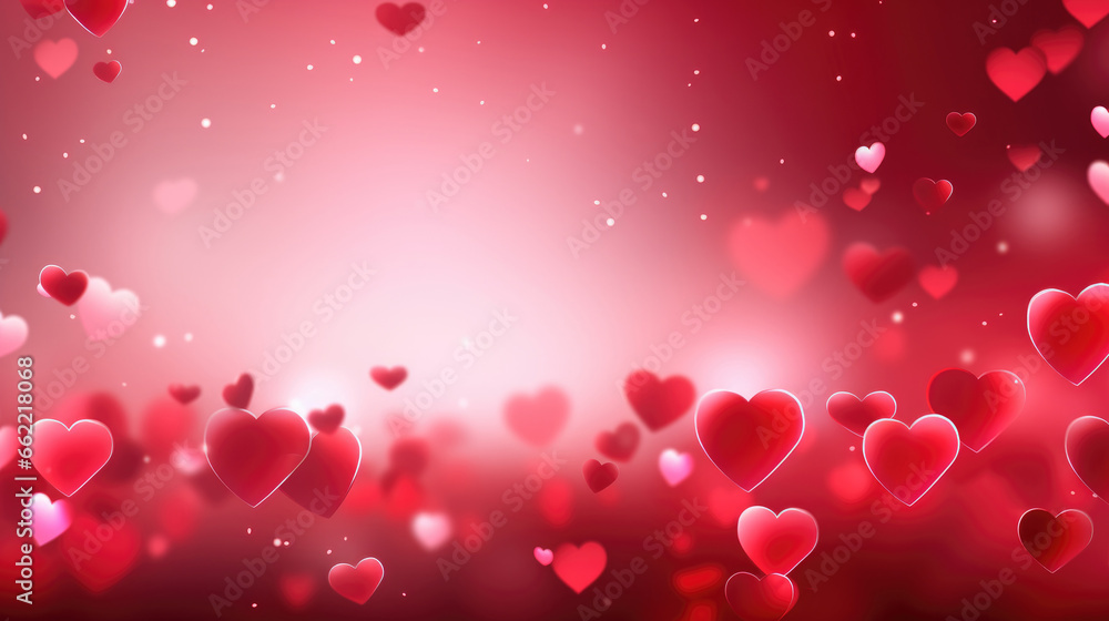 Happy Valentine Day banner with hearts on red bokeh background, love banner or greeting card.