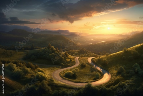 winding road in the hills with a beautiful view of the sun in the evening. generative ai