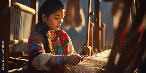 Asian woman weaving fabric on a loom