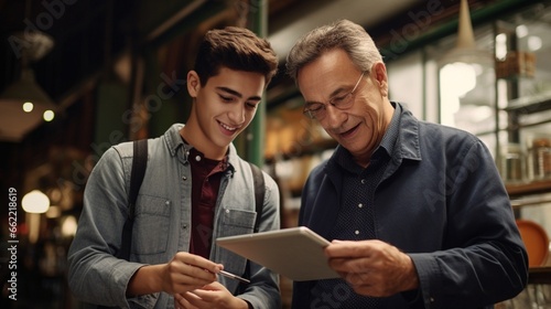 Knowledge Transfer: Older Employee Providing Tech Guidance to Younger Co-Worker with a Tablet