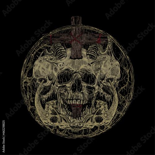skull horned death metal illustration, ink horror art. dark art