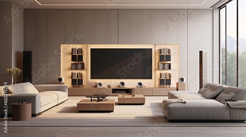 A modern living room with a home entertainment center, including a large flat-screen TV and surround sound speakers