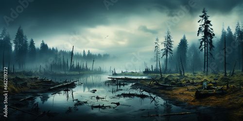 Swamp with trees in misty fog at sunrise. Tranquil  moody landscape. Generative AI