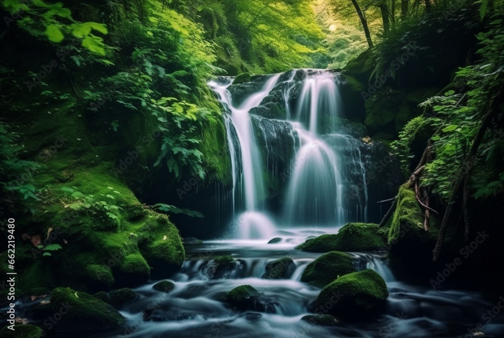 Obraz premium beautiful waterfall in the green forest. generative ai