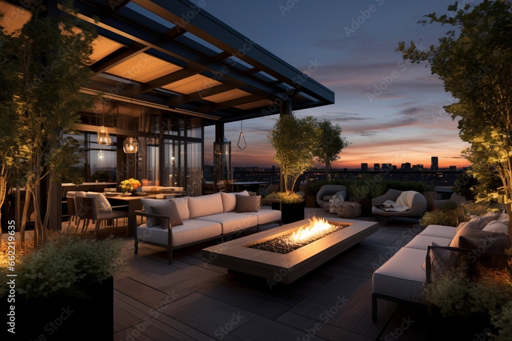 Design a luxurious penthouse penthouse penthouse penthouse with a rooftop garden and outdoor kitchen - obrazy, fototapety, plakaty 
