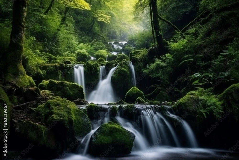 beautiful waterfall in the green forest. generative ai beautiful waterfall in the green forest. generative ai